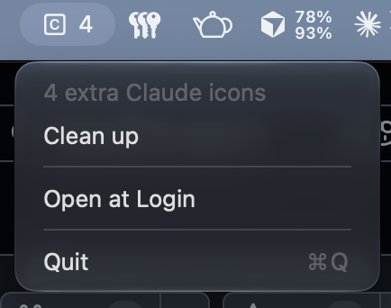 Unghost in the menu bar, counting four extra Claude icons.